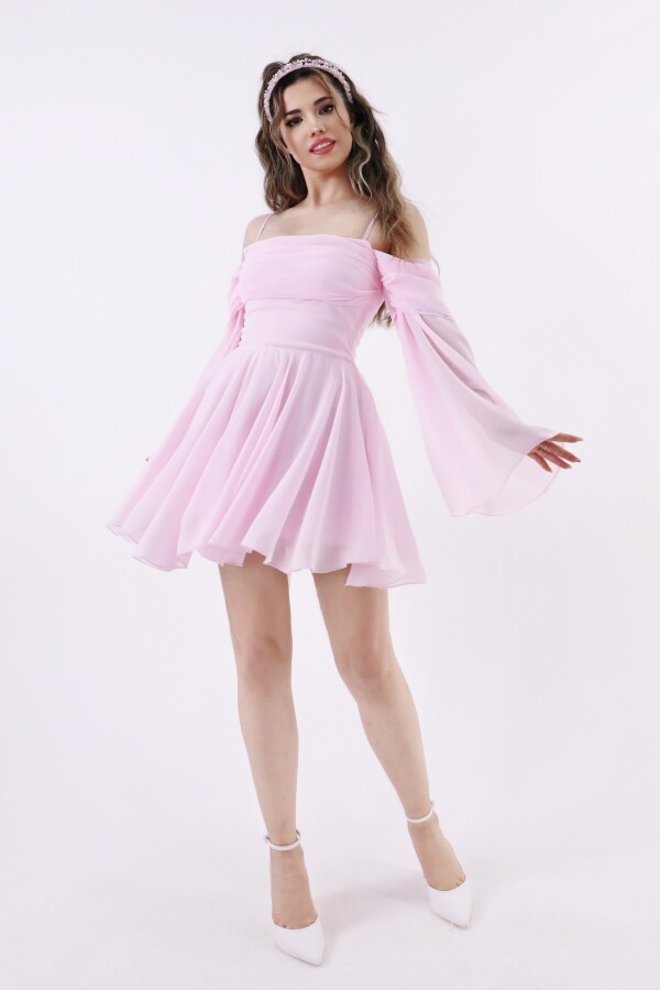 PINK STRAPPY LONG SLEEVE CHIFFON DRESS WITH RUFFLED HEM - 3