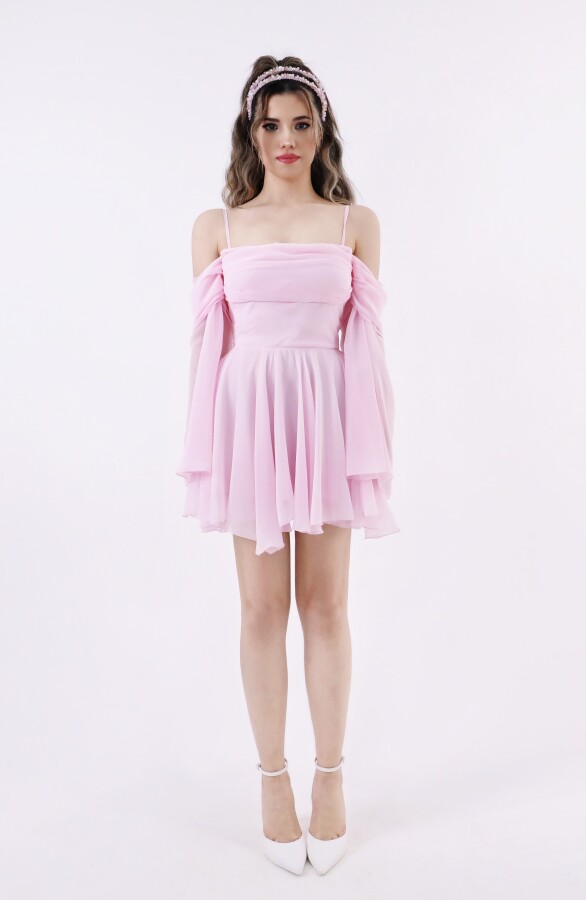 PINK STRAPPY LONG SLEEVE CHIFFON DRESS WITH RUFFLED HEM - 6