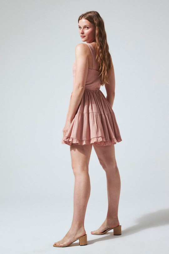 Powder V-Neck Thick Strap Dress with Ruffled Skirt - 3