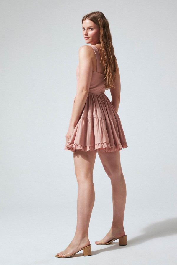 Powder V-Neck Thick Strap Dress with Ruffled Skirt - 3