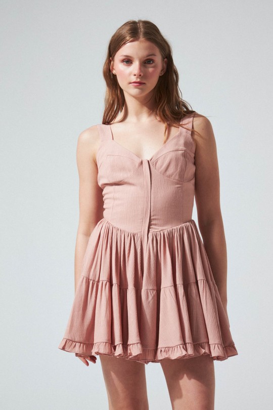 Powder V-Neck Thick Strap Dress with Ruffled Skirt - 2