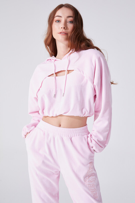 Puderfarbener Kapuzen-Sweatshirt mit Brustdetails 