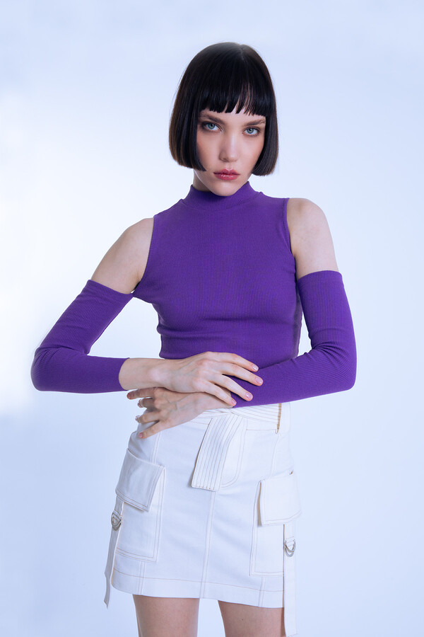 Purple Off-Shoulder Short Ribbed Blouse - 1