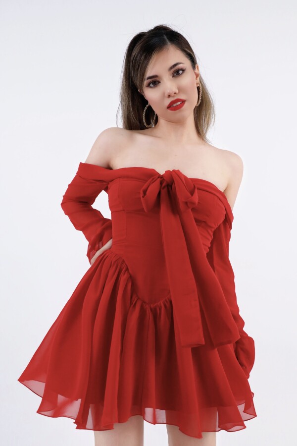 RED FRONT-TIE LONG SLEEVE CHIFFON MINI DRESS - 1