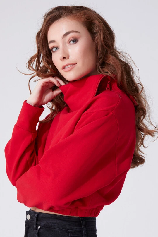 RED ZIP-UP HIGH NECK SWEATSHIRT WITH ELASTICATED WAIST - 2