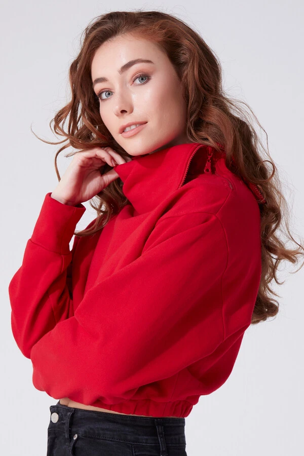 RED ZIP-UP HIGH NECK SWEATSHIRT WITH ELASTICATED WAIST - 2