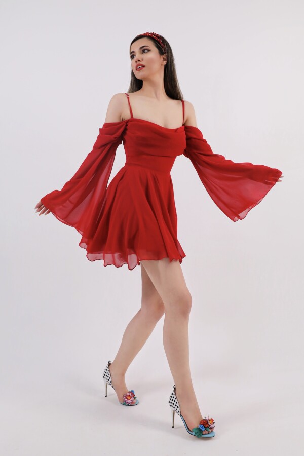 RED STRAPPY LONG-SLEEVE RUFFLED CHIFFON DRESS - 1
