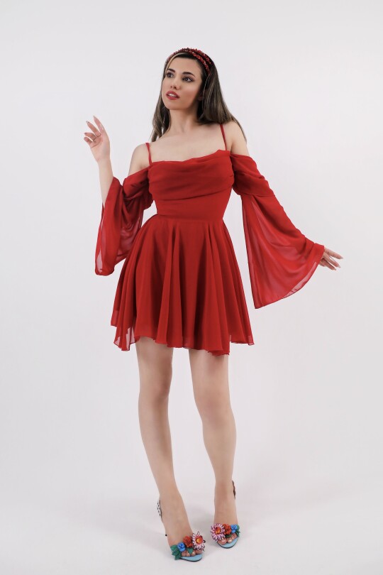RED STRAPPY LONG-SLEEVE RUFFLED CHIFFON DRESS - 2
