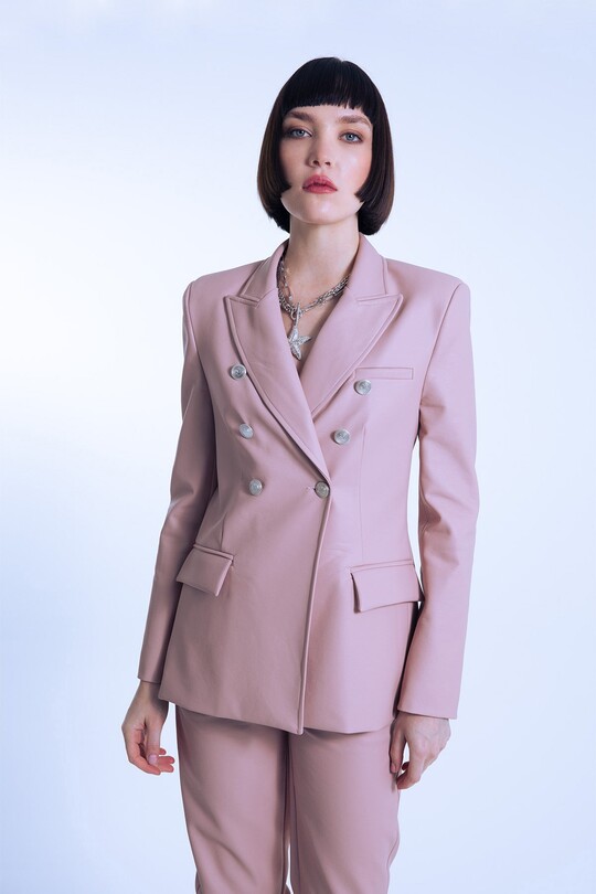 Rosa Leder-Crossover-Jacke mit tailliertem Schnitt - 4