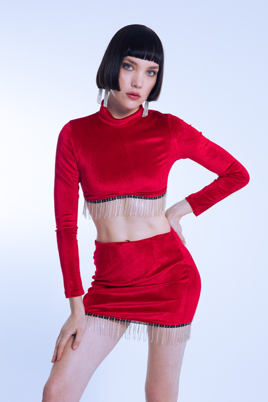 ROTE LANGÄRMLIGE HOT-STONE-BLUSE AUS SAMT - BERFUĞ KIRAN