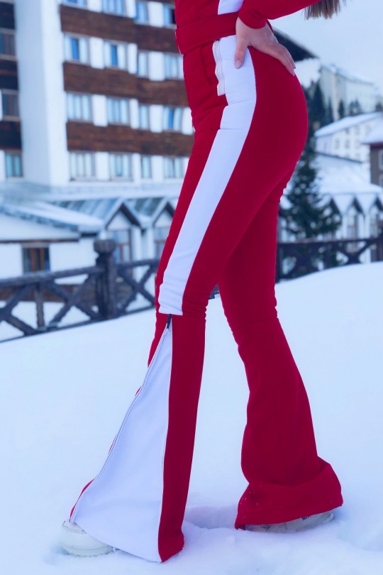 Roter Skioverall mit ausgestelltem Bein und seitlichen Streifen - 4