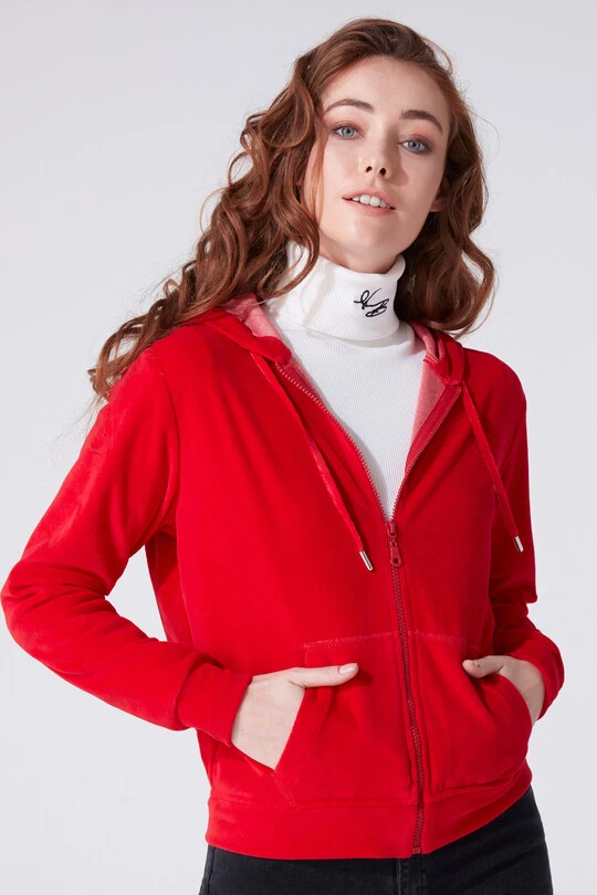 Rotes Samt-Sweatshirt mit Reißverschluss 