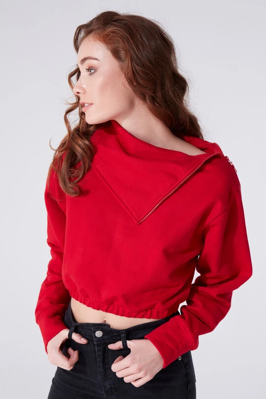 Rotes Sweatshirt mit hohem Kragen, Reißverschluss und elastischem Bund 
