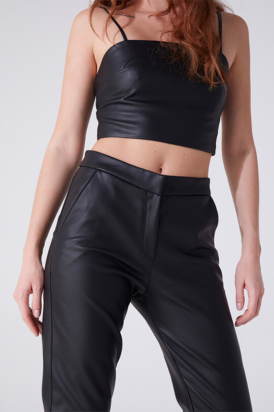 Schwarze Leder Cigarette Hose - 2