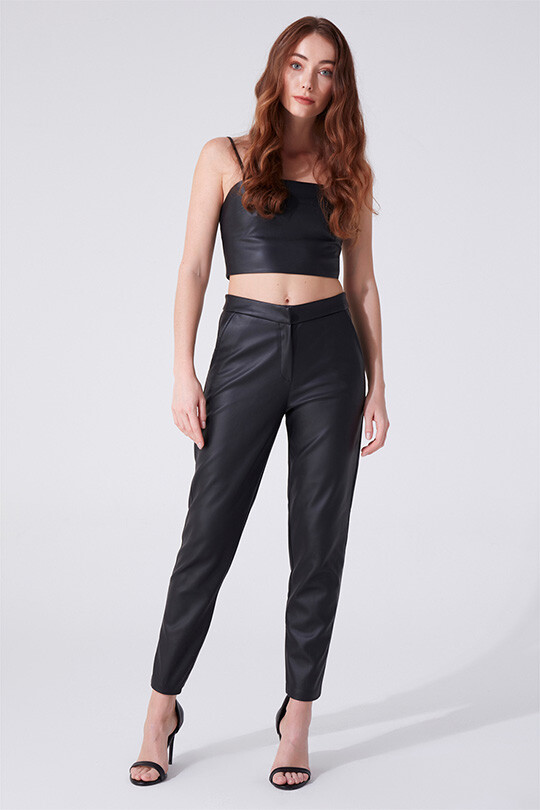 Schwarze Leder Cigarette Hose - 1