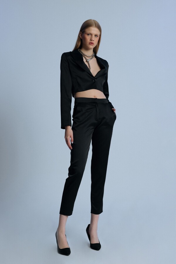 Schwarze Satin Cigarette Hose - 2