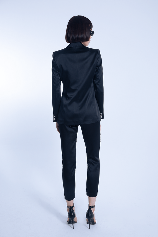Schwarze Satin-Crossover-Jacke mit tailliertem Schnitt - 4