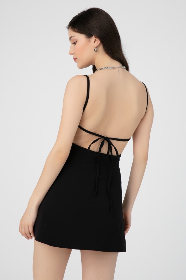 Schwarzes Hürrem Mini Kleid mit gebundenem Rücken - 5