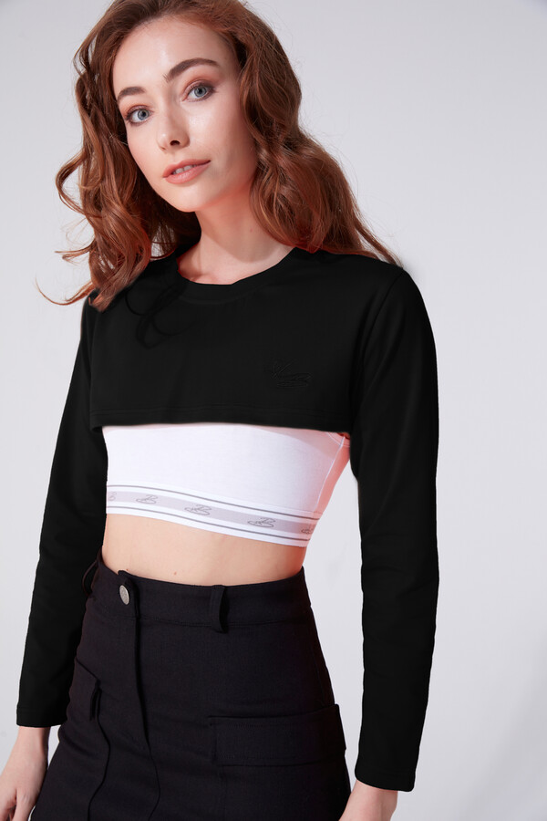 Schwarzes Langarm-Crop-Top - 1