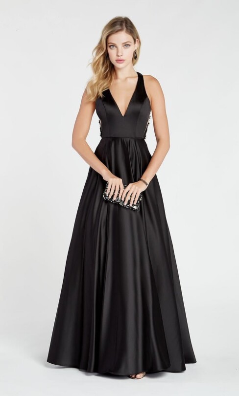 Schwarzes langes Satin-Abendkleid mit Spitze - BERFUĞ KIRAN