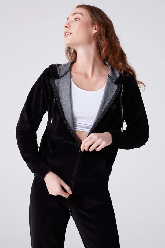 Schwarzes Samt-Sweatshirt mit Reißverschluss 