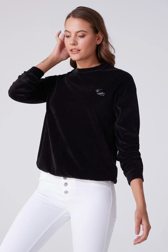 Schwarzes Samt Sweatshirt mit Rundhalsausschnitt und langen Ärmeln 