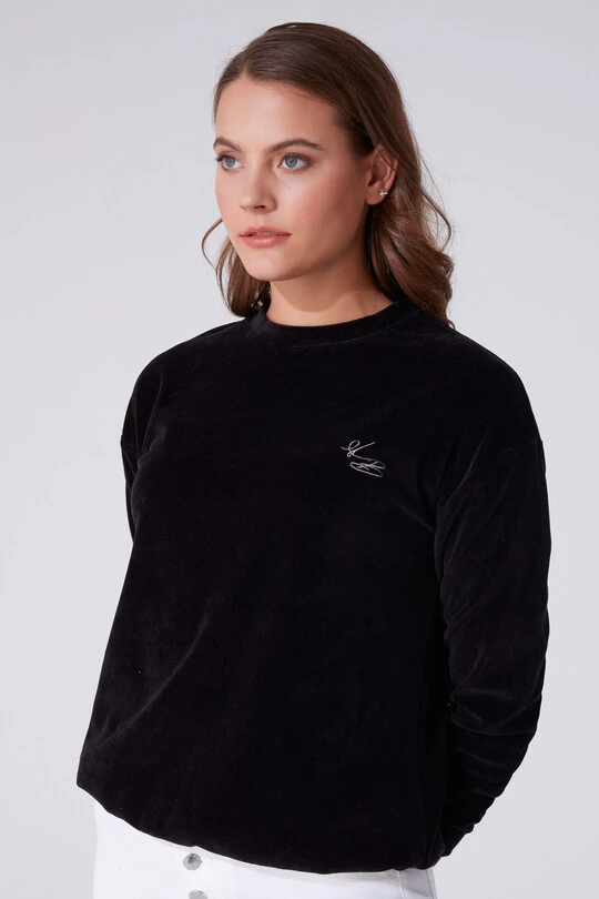 Schwarzes Samt Sweatshirt mit Rundhalsausschnitt und langen Ärmeln - 2