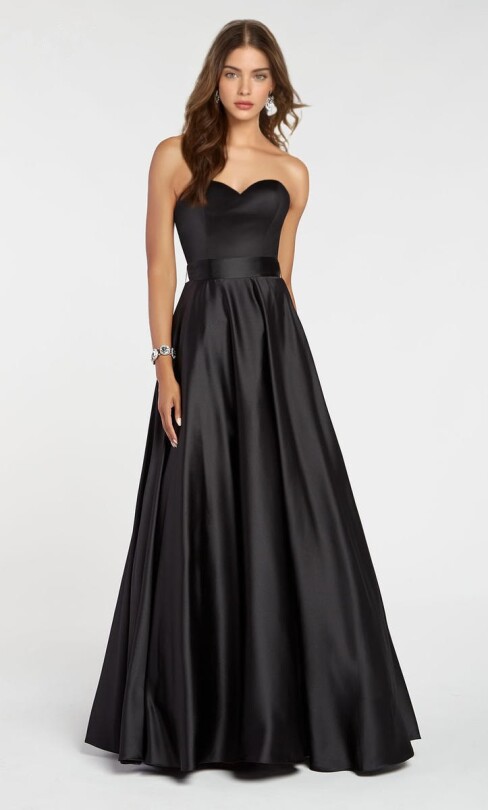 Schwarzes schulterfreies Satin-Abendkleid mit weitem Rock - BERFUĞ KIRAN