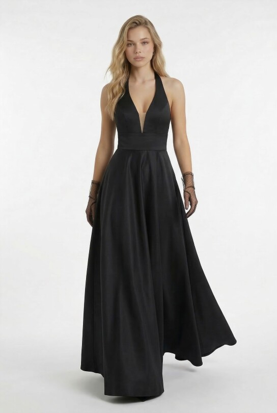 Schwarzes Taft-Abendkleid mit Rückendetail und weitem Rock - BERFUĞ KIRAN