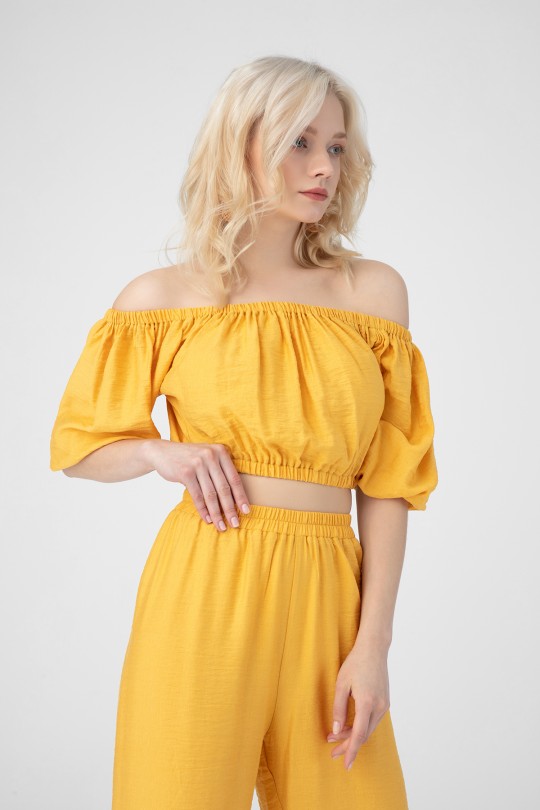Senffarbene Bluse mit elastischen Schultern - BERFUĞ KIRAN