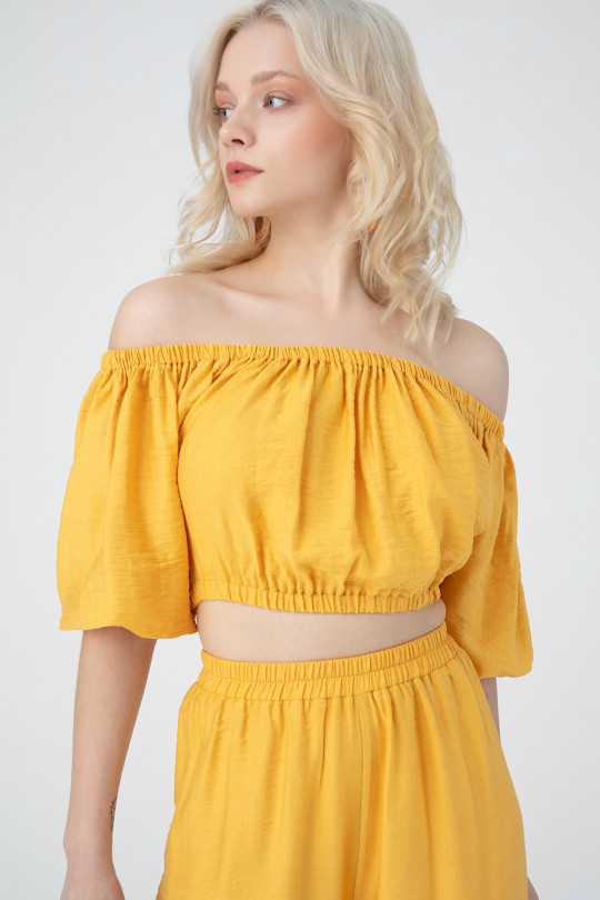 Senffarbene Bluse mit elastischen Schultern - BERFUĞ KIRAN (1)
