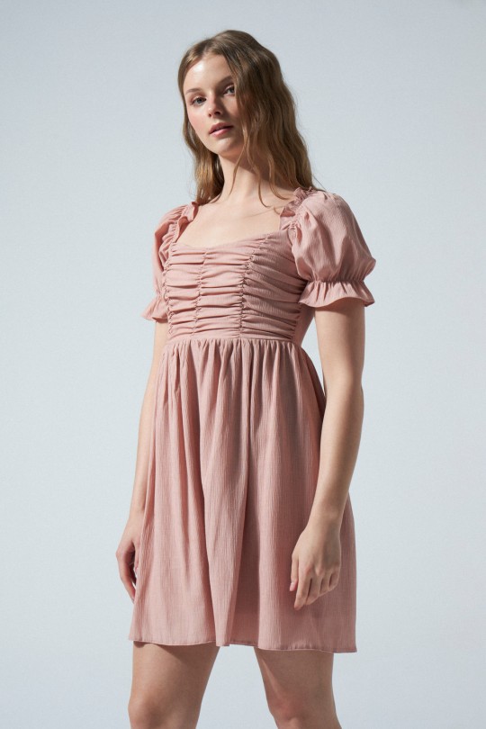 Powder Puff Sleeve Ruched Bust Draped Short Dress - 1