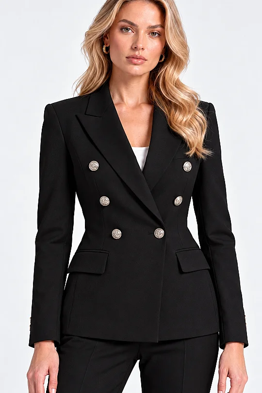 SİYAH GÜMÜŞ DÜĞME DETAYLI KRUVAZE BLAZER CEKET - 5