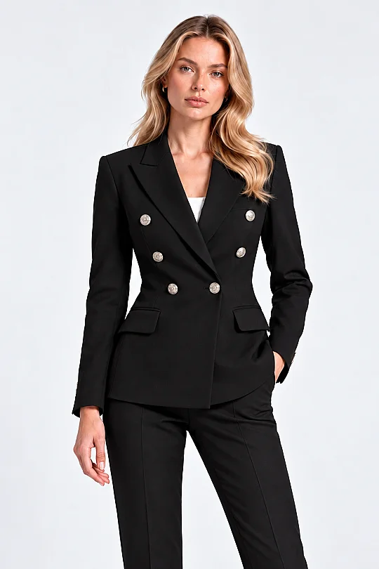 SİYAH GÜMÜŞ DÜĞME DETAYLI KRUVAZE BLAZER CEKET - 1