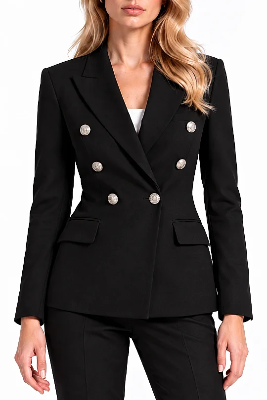 SİYAH GÜMÜŞ DÜĞME DETAYLI KRUVAZE BLAZER CEKET - 7