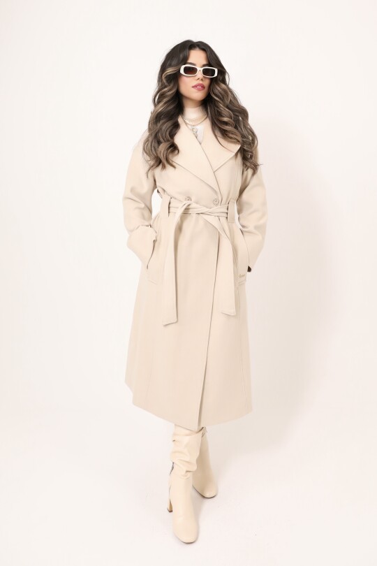 STONE DOUBLE-BREASTED COAT WITH DECORATIVE BUTTONS - BERFUĞ KIRAN