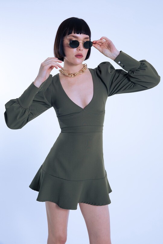 KHAKI FLORAL V-NECK BALLOON SLEEVE SHORT DRESS - BERFUĞ KIRAN