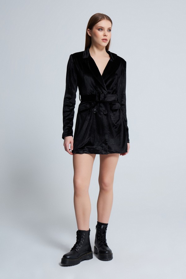 VELVET DRESS WITH WAIST BELT BLACK - 1