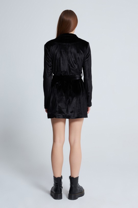 VELVET DRESS WITH WAIST BELT BLACK - 3