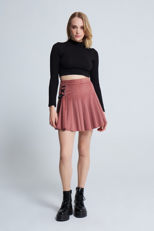 VELVET PLEATED ROPE DETAILED MINI SKIRT PİNK - 1
