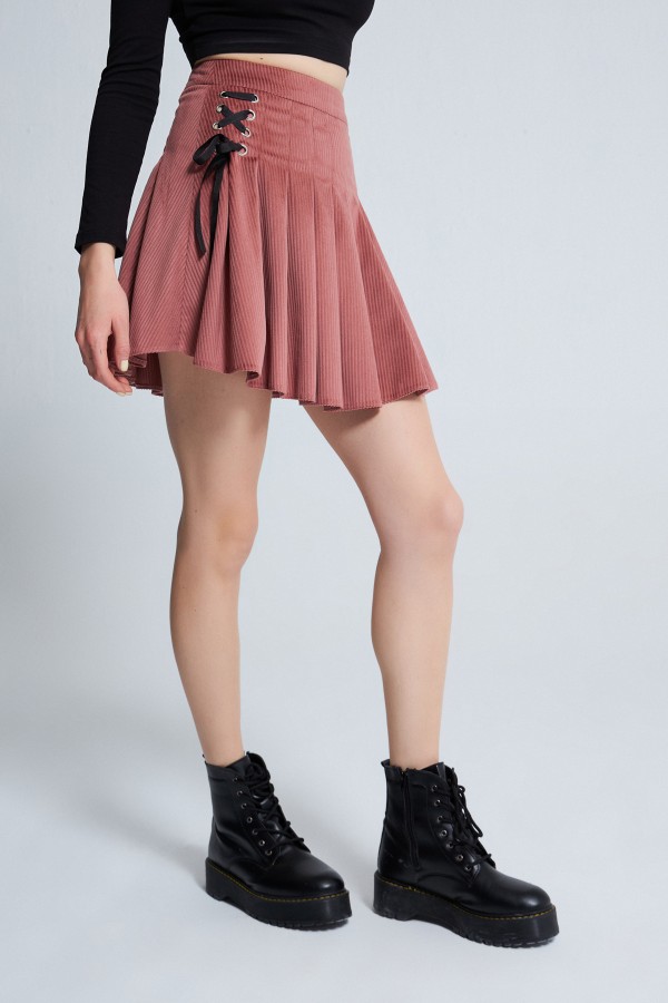 VELVET PLEATED ROPE DETAILED MINI SKIRT PİNK - 2