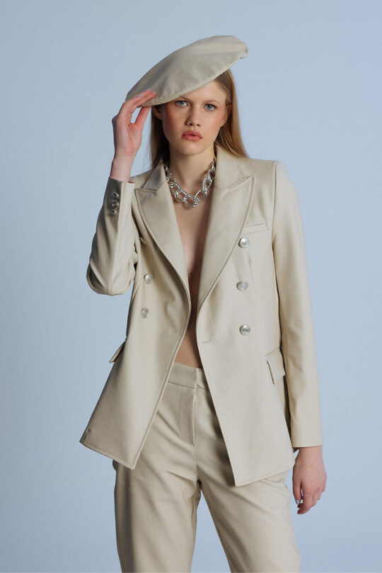 Vizonfarbene Leder-Crossover-Jacke mit tailliertem Schnitt - 2