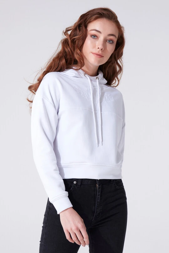 Weißes kurzes Sweatshirt mit Kapuze 