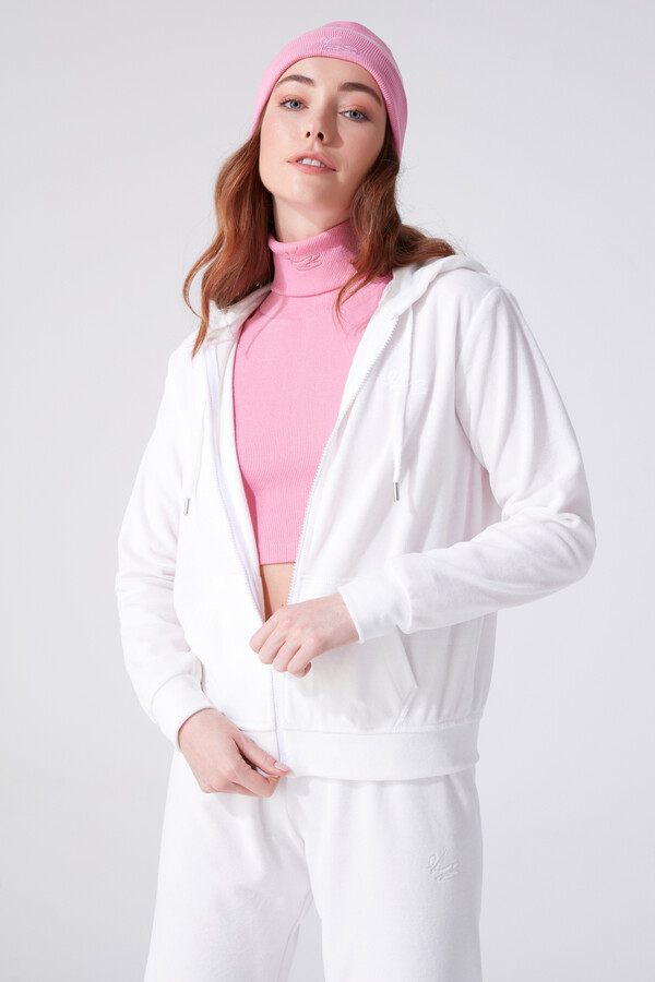 Weißes Samt-Sweatshirt mit Reißverschluss - BERFUĞ KIRAN