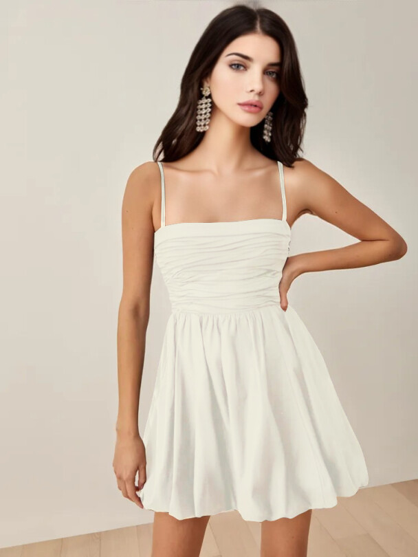 WHITE BALLOON SKIRT STRAP DRESS - 2
