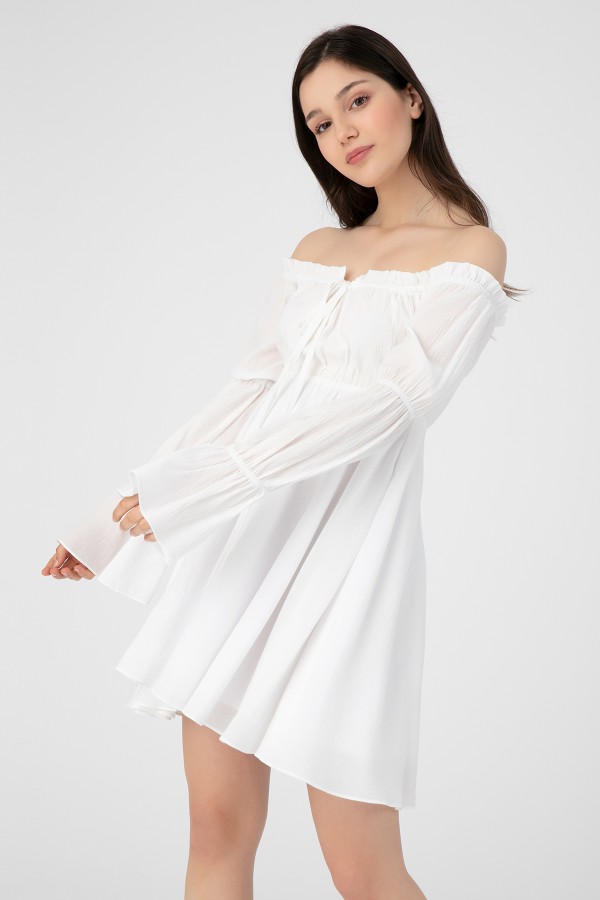 WHITE BREAST TIE LONG SLEEVE CRINKLE DRESS - 1