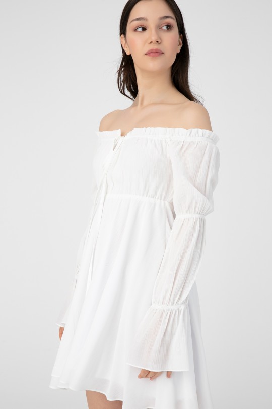 WHITE BREAST TIE LONG SLEEVE CRINKLE DRESS - 2