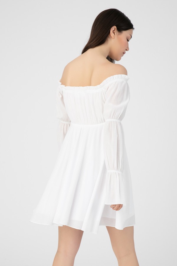 WHITE BREAST TIE LONG SLEEVE CRINKLE DRESS - 3