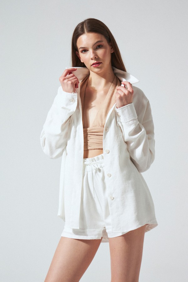 WHITE BUTTON-FRONT LINEN SHIRT - 1