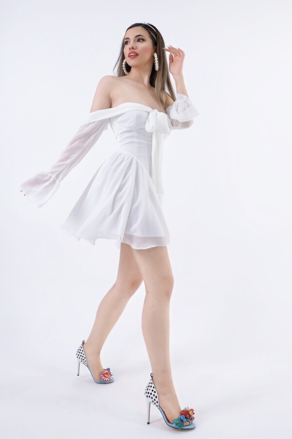 WHITE FRONT-TIED LONG-SLEEVE CHIFFON MINI DRESS - 3